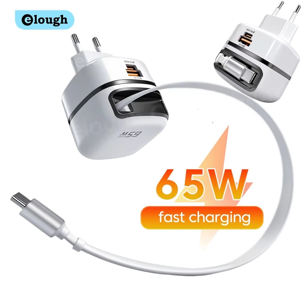 Elough 65W USB Type-C Fast Charger with Retractable Cable
