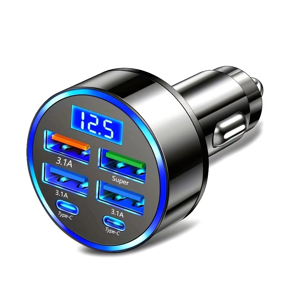 6-in-1 Fast Charging Car Adapter – 3.1A USB & Type-C Charger