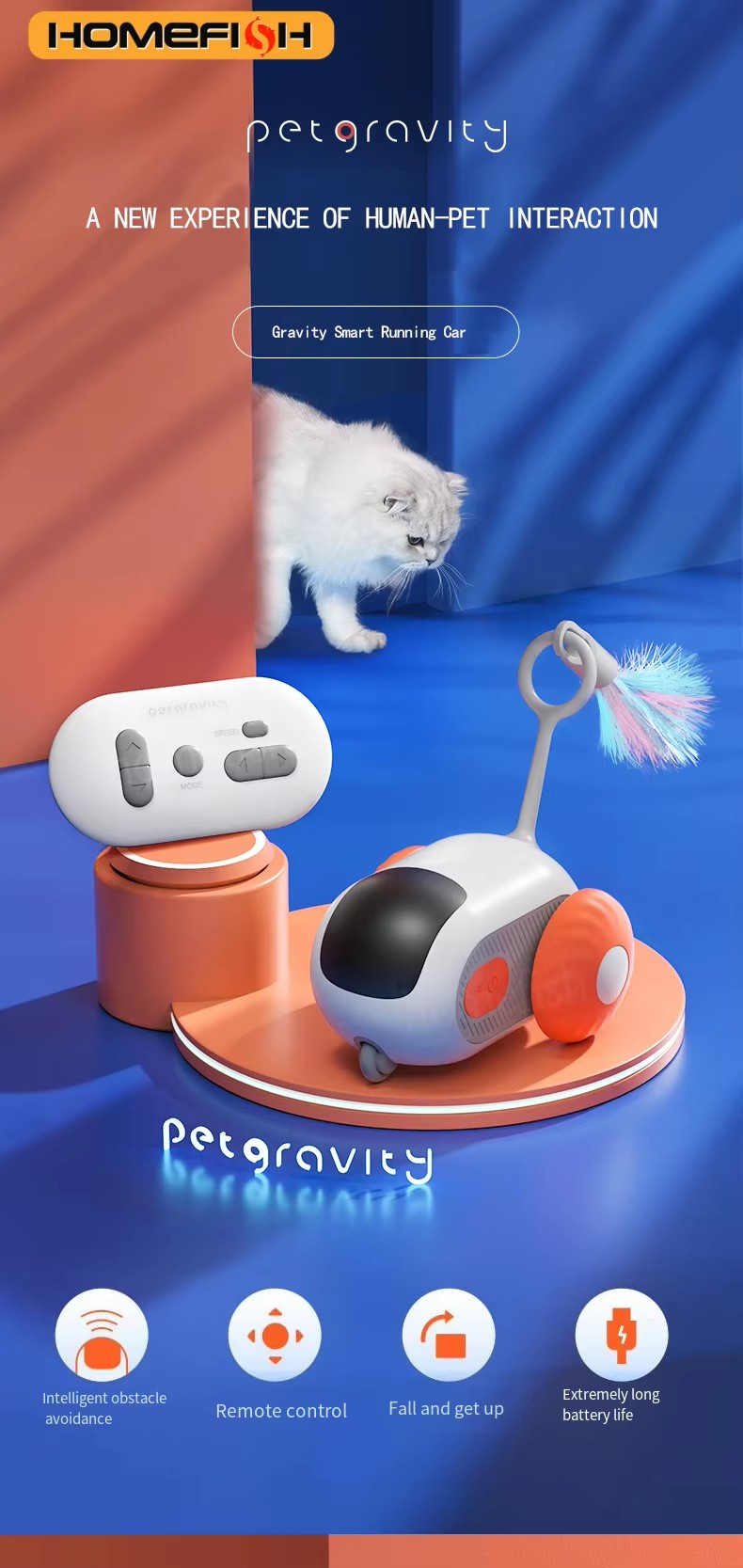 Smart Interactive Cat & Dog Toy – 2-Mode Automatic Moving Toy Car with Remote Control