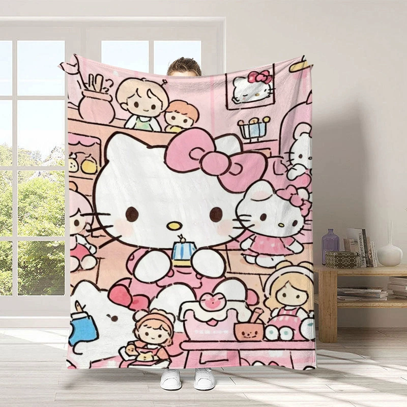 "Kawaii Hellos Cat Nap Blanket Sofa Winter Fluffy Soft Blankets for Bed Home Bedroom Decoration Bedspread the Throw Warm Knee 150x200CM "