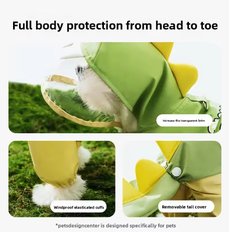Dinosaur Hooded Dog Raincoat – Full-Body Waterproof Pet Jacket with Tail