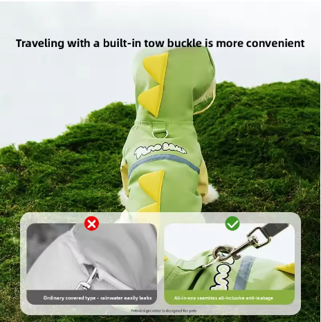 Dinosaur Hooded Dog Raincoat – Full-Body Waterproof Pet Jacket with Tail