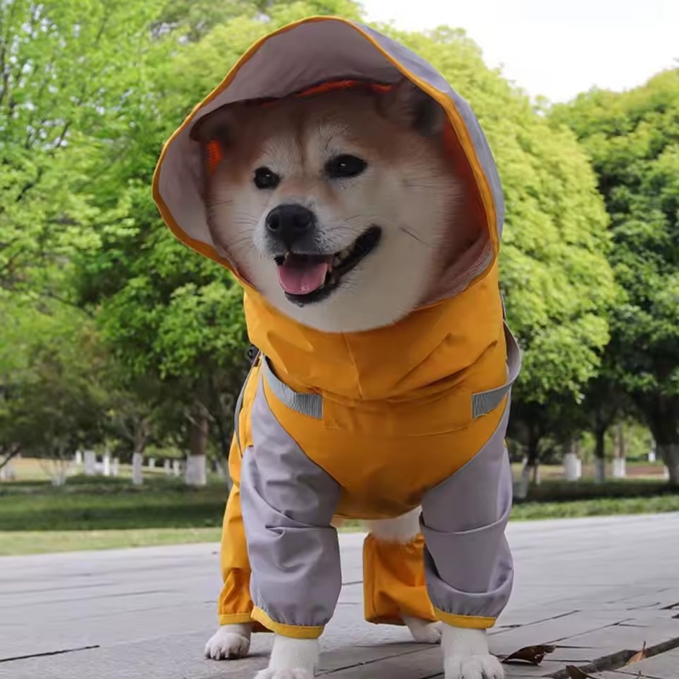 Full-Body Hooded Dog Raincoat – Adjustable Waterproof Pet Jumpsuit with Reflective Straps