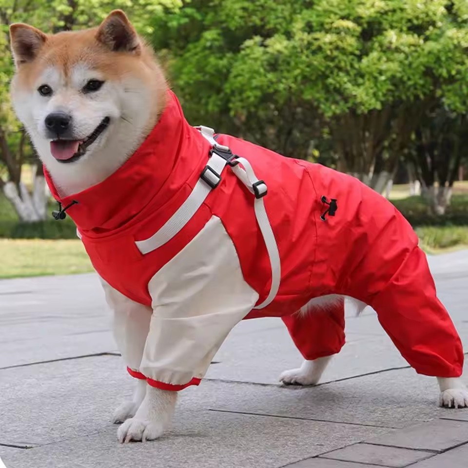 Full-Body Hooded Dog Raincoat – Adjustable Waterproof Pet Jumpsuit with Reflective Straps