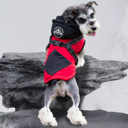 Hooded Dog Snow Jacket with Harness – Warm Winter Pet Coat
