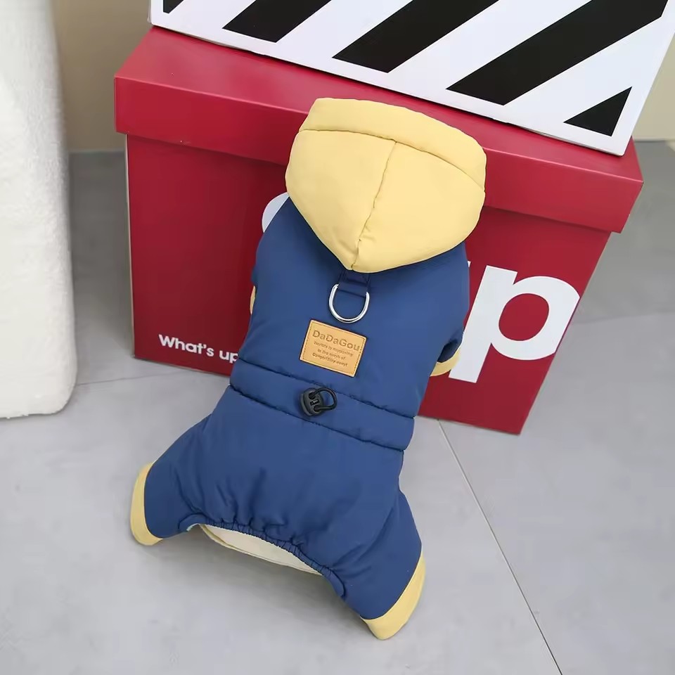 Hooded Dog Snow Jacket – Warm Full-Body Winter Jumpsuit with Leash Attachment