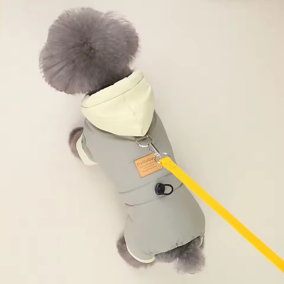 A cozy full-body winter outfit designed to help keep small dogs warm and comfortable during colder days.