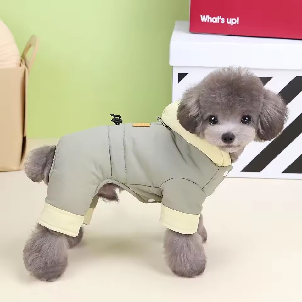 Hooded Dog Snow Jacket – Warm Full-Body Winter Jumpsuit with Leash Attachment