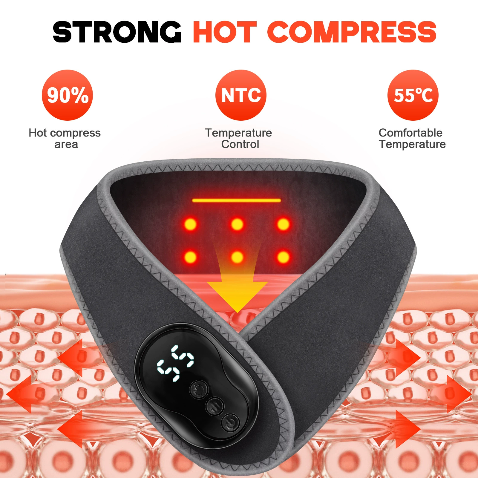 A convenient rechargeable neck massager combining vibration, warming comfort and adjustable settings in a lightweight cordless design.
