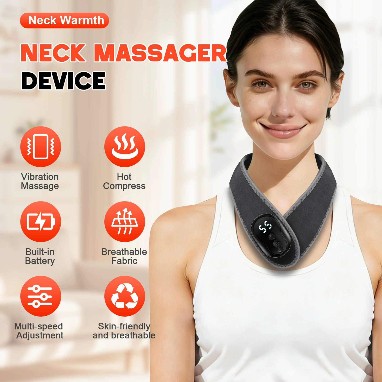 A convenient rechargeable neck massager combining vibration, warming comfort and adjustable settings in a lightweight cordless design.