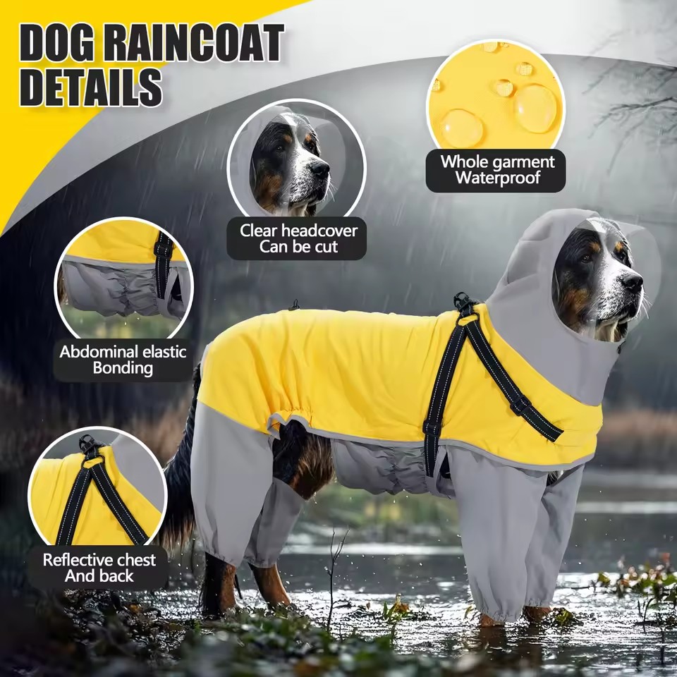 Reflective Hooded Dog Raincoat – Waterproof Adjustable Pet Jacket for Medium & Large Dogs