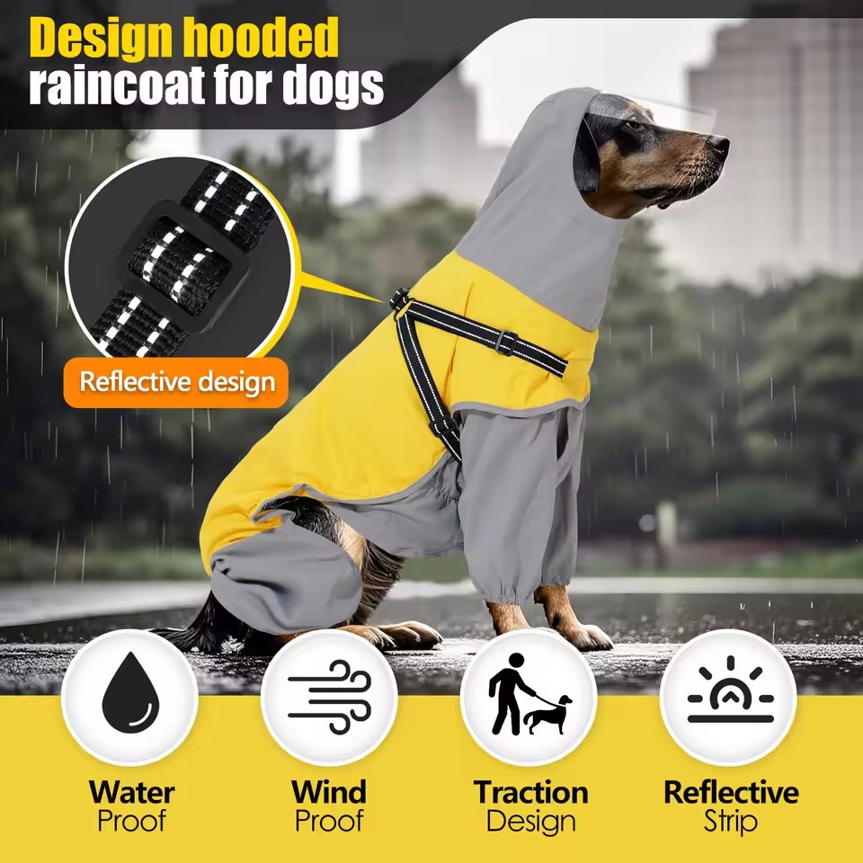 Reflective Hooded Dog Raincoat – Waterproof Adjustable Pet Jacket for Medium & Large Dogs