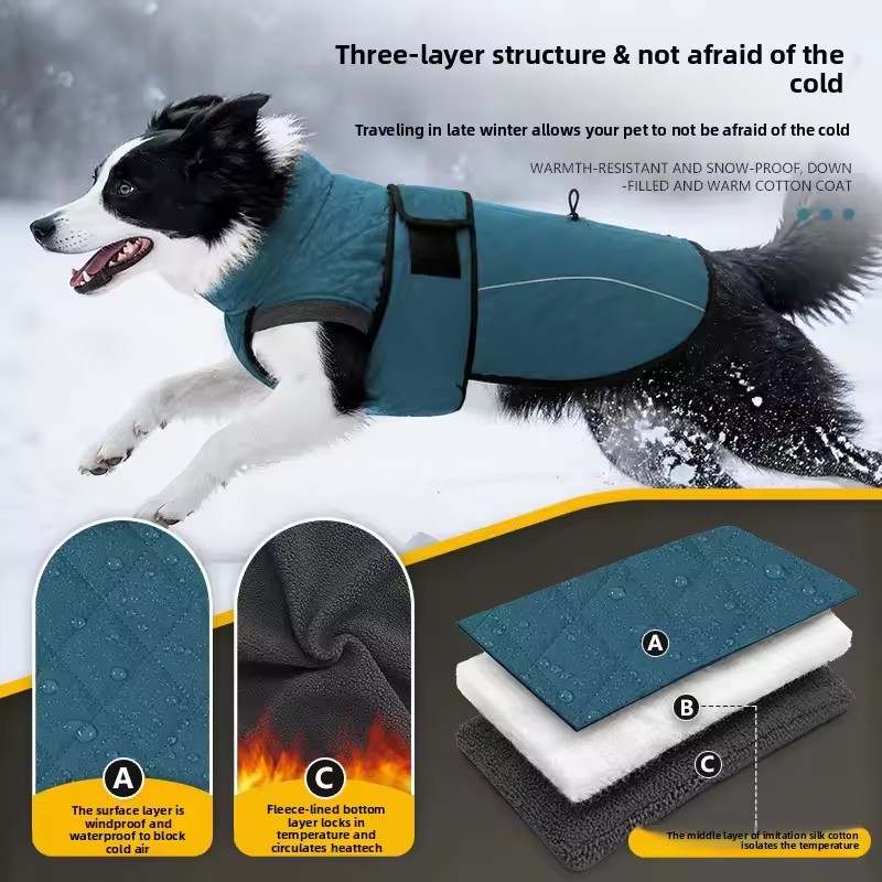 Reflective Fleece-Lined Dog Winter Coat with Harness