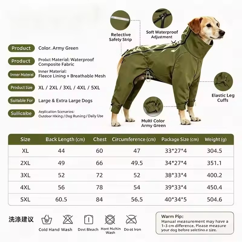 Full-Body Waterproof Dog Raincoat – Reflective Outdoor Jumpsuit for Large Dogs