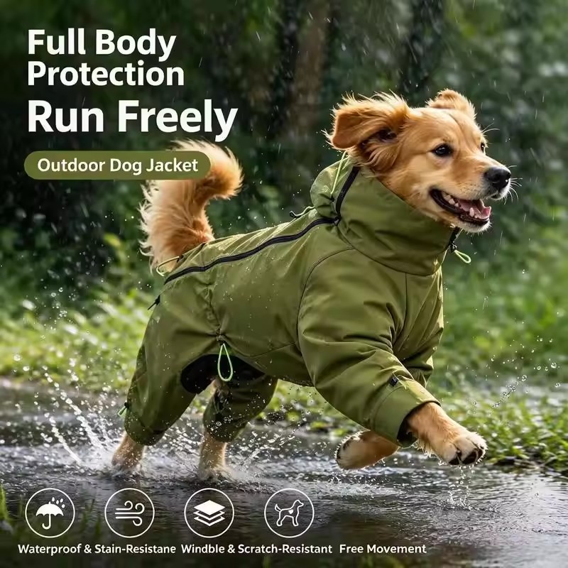 Full-Body Waterproof Dog Raincoat – Reflective Outdoor Jumpsuit for Large Dogs