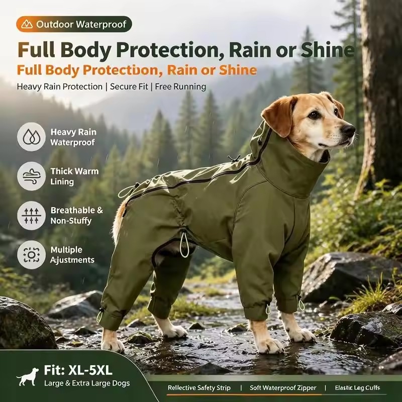 Full-Body Waterproof Dog Raincoat – Reflective Outdoor Jumpsuit for Large Dogs