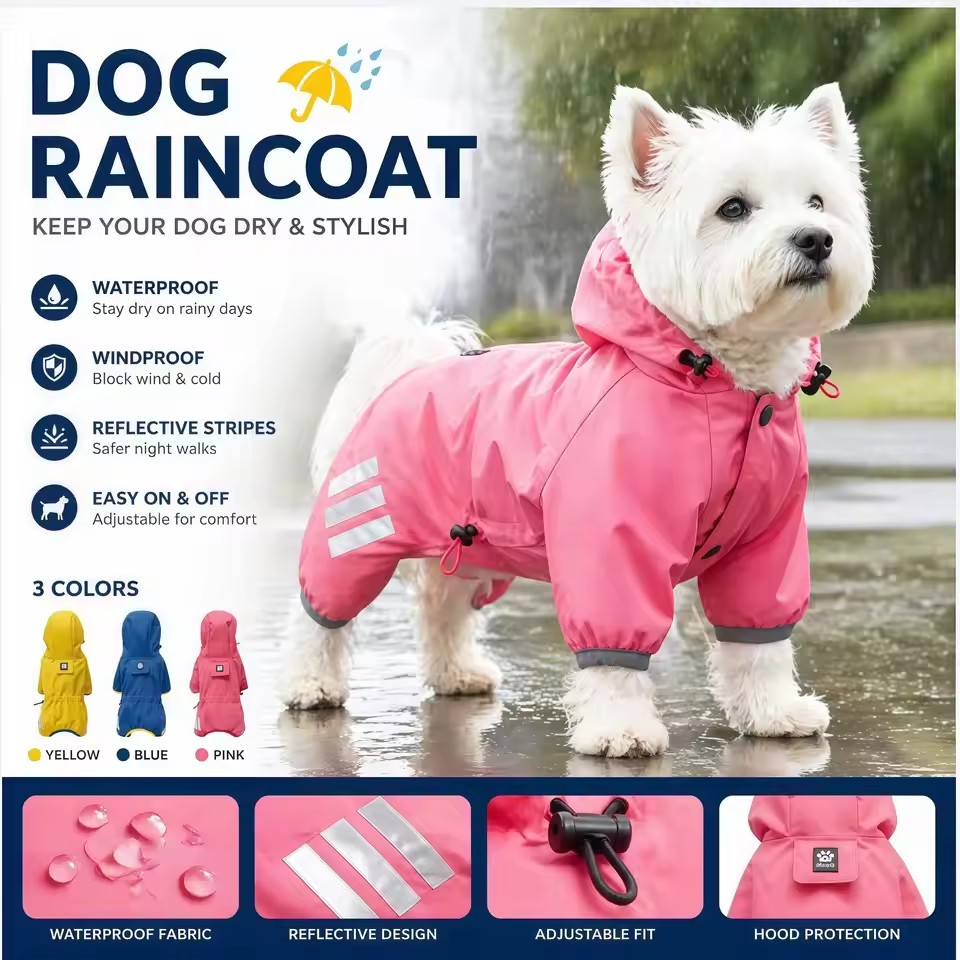 Hooded Waterproof Dog Raincoat – Adjustable Reflective Pet Jacket for Outdoor Walks